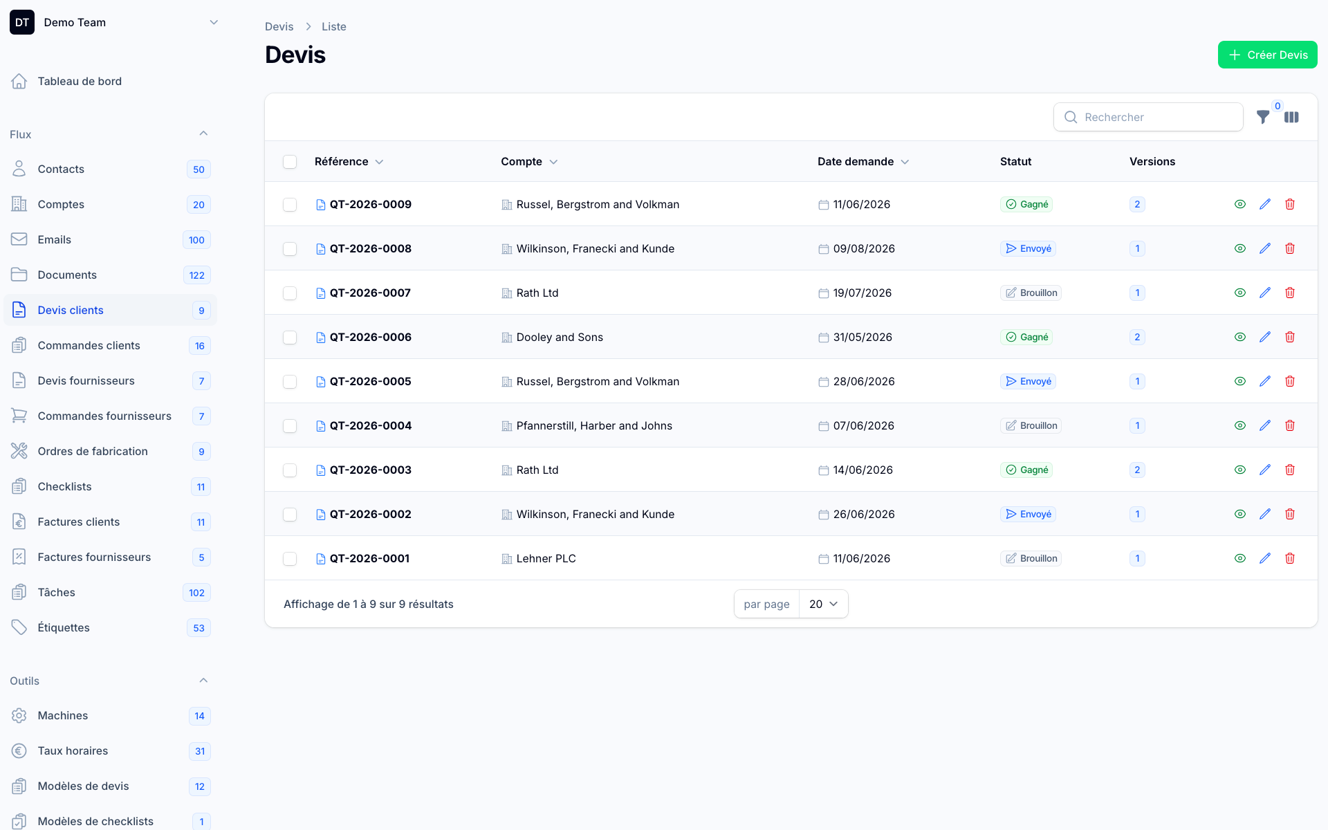 Liste de devis avec statuts