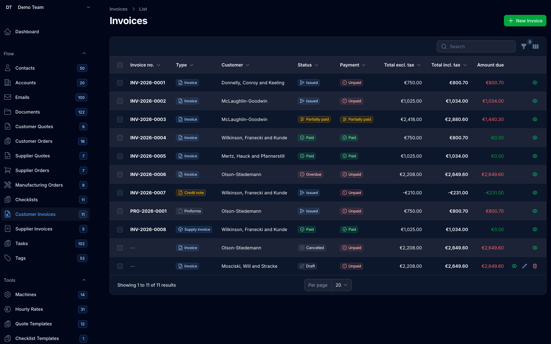 Invoice list (dark)