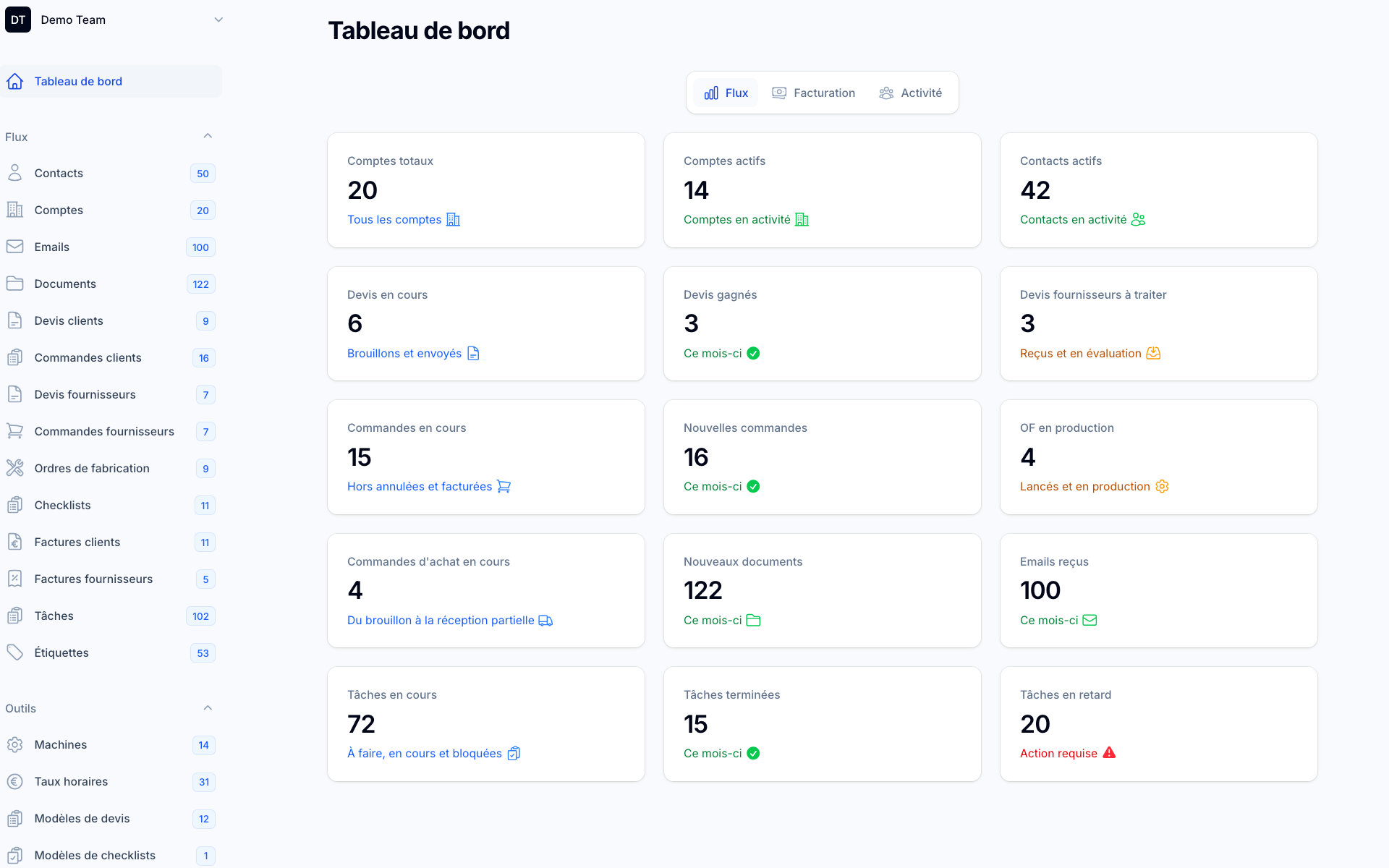 Tableau de bord — version claire